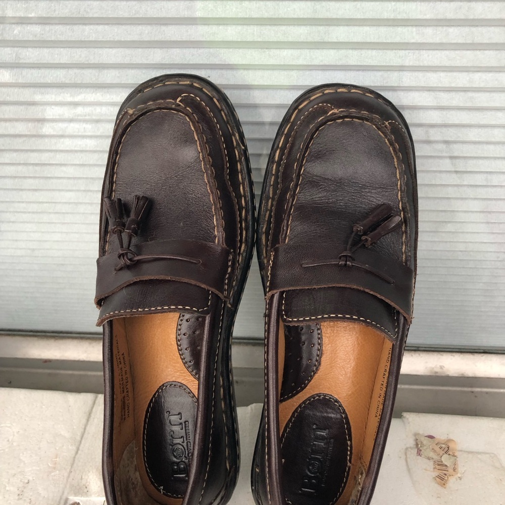 Born Women’s Brown Leather Suede Tassel Slip On Loafers Flats Shoes Size 6.5 - Picture 9 of 12